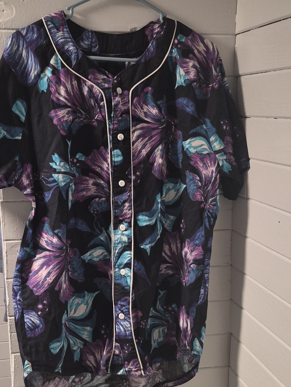 on the byas Black Button-Down Shirt with Purple & Teal Floral Print